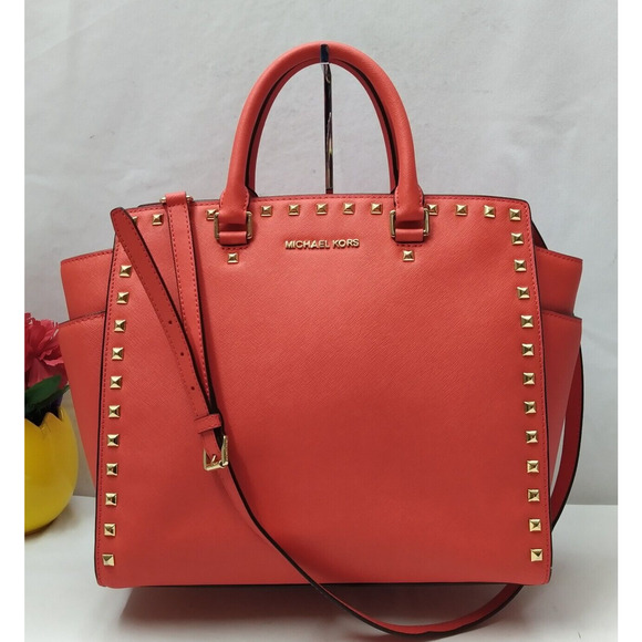 Michael Kors Selma Red Saffiano Leather Studded Top Handle Satchel Shoulder Bag - Picture 1 of 16